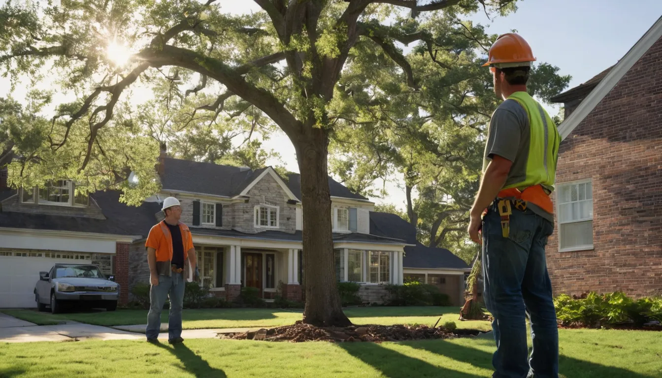 A tall oak beside a brick home in Talmo with a provider inspecting it